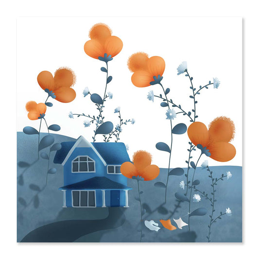 Blue house between flowers print