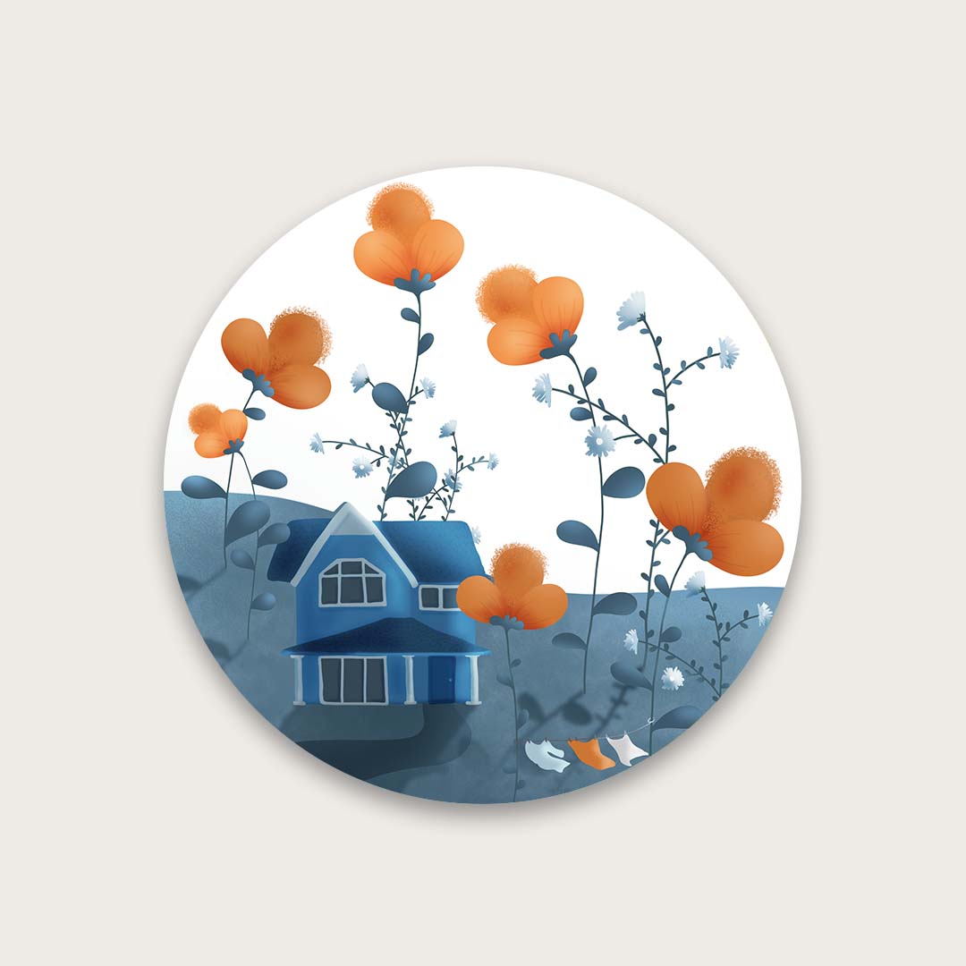 Blue house between flowers sticker