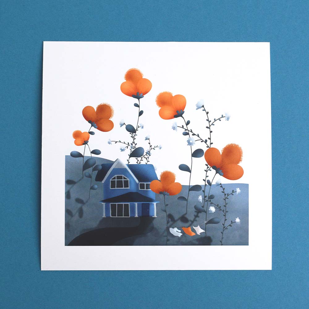 Blue house between flowers print