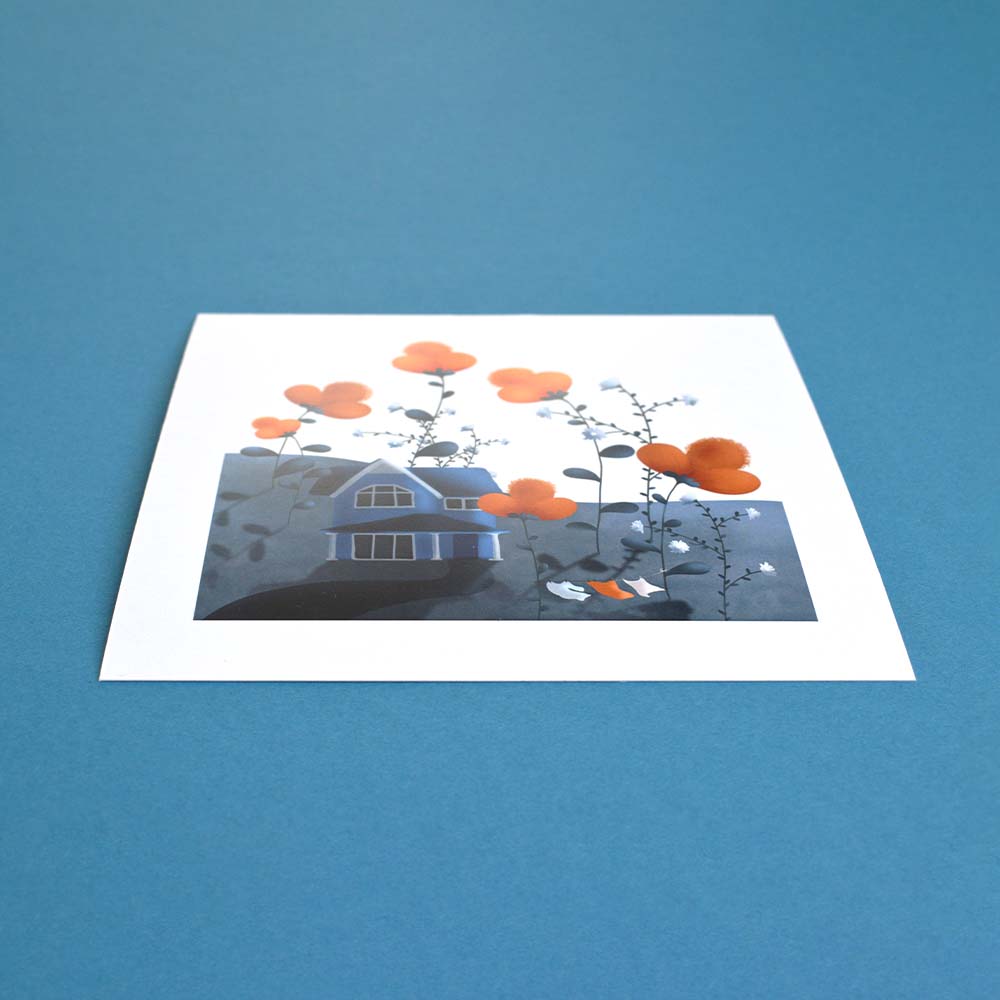 Blue house between flowers print