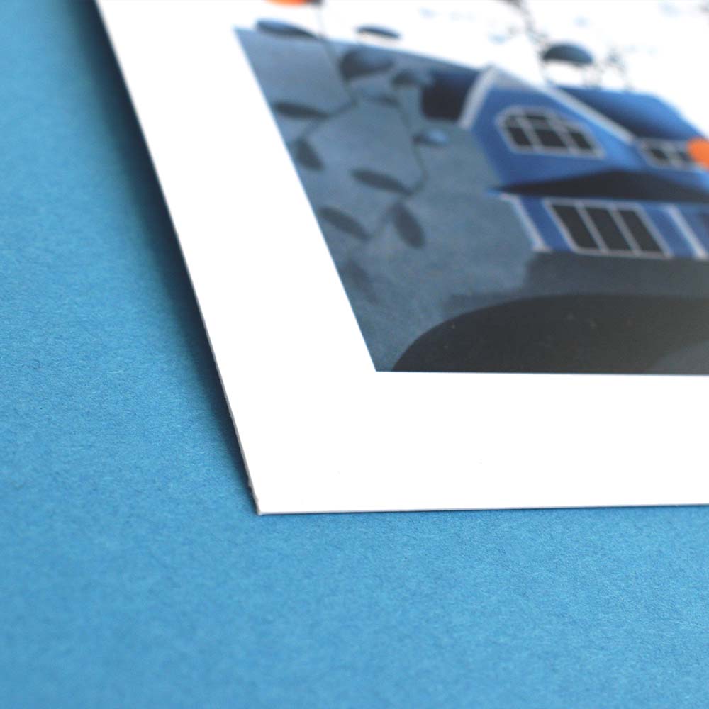 Blue house between flowers print